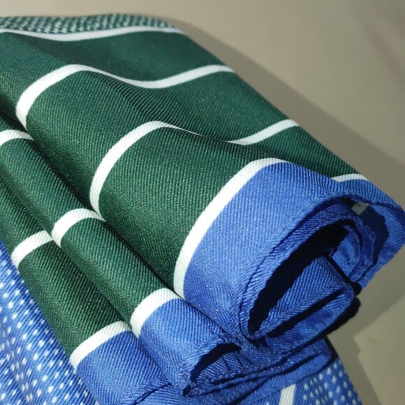 Silk Scarf Handkerchief Vintage Green Blue Striped Polka Dot - Picture 8 of 12